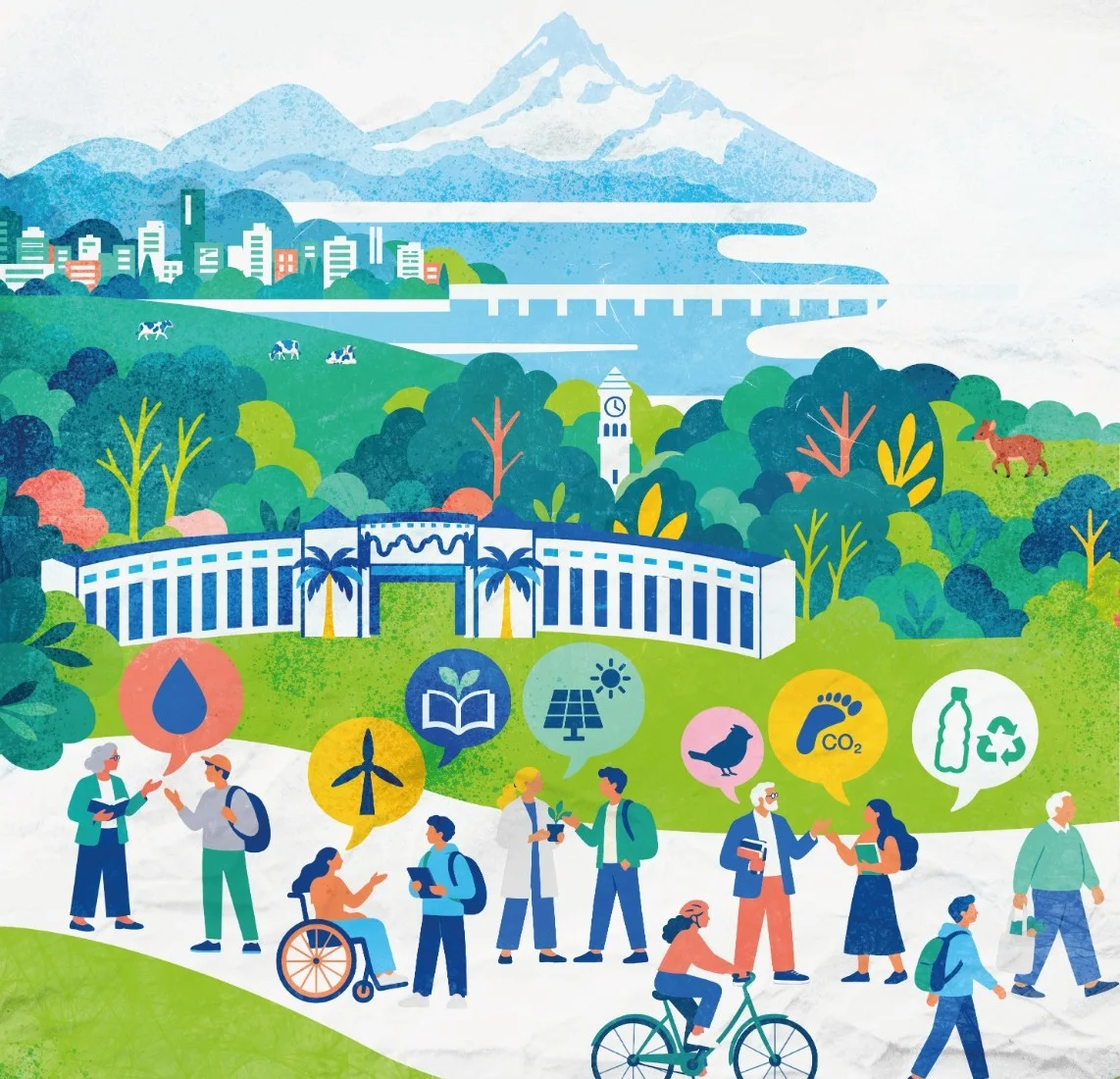 Ilustración de la campaña: el campus de la Universidad de Concepción con el Campanil, bosques, el río y la ciudad, y personas de la comunidad conversando sobre agua, energía, biodiversidad, reciclaje y educación.