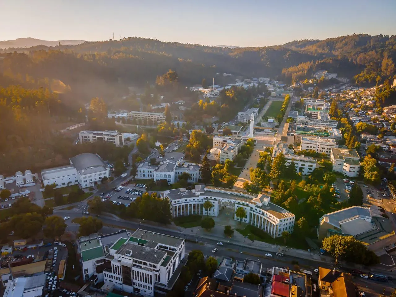 Vista aérea del campus Concepción de la Universidad de Concepción, rodeado de cerros con bosque.