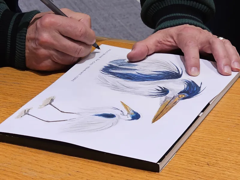 Una mano escribe una dedicatoria junto a ilustraciones de garzas en un libro.